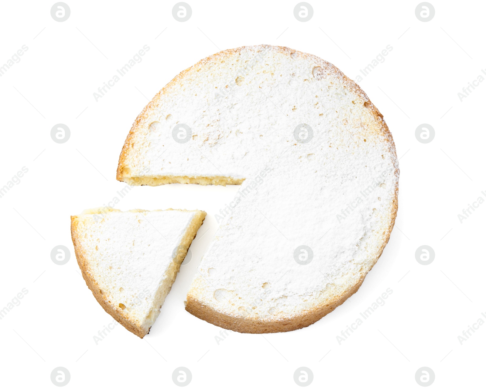 Photo of Delicious cut sponge cake with powdered sugar isolated on white, top view