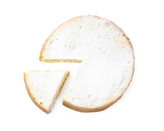 Photo of Delicious cut sponge cake with powdered sugar isolated on white, top view