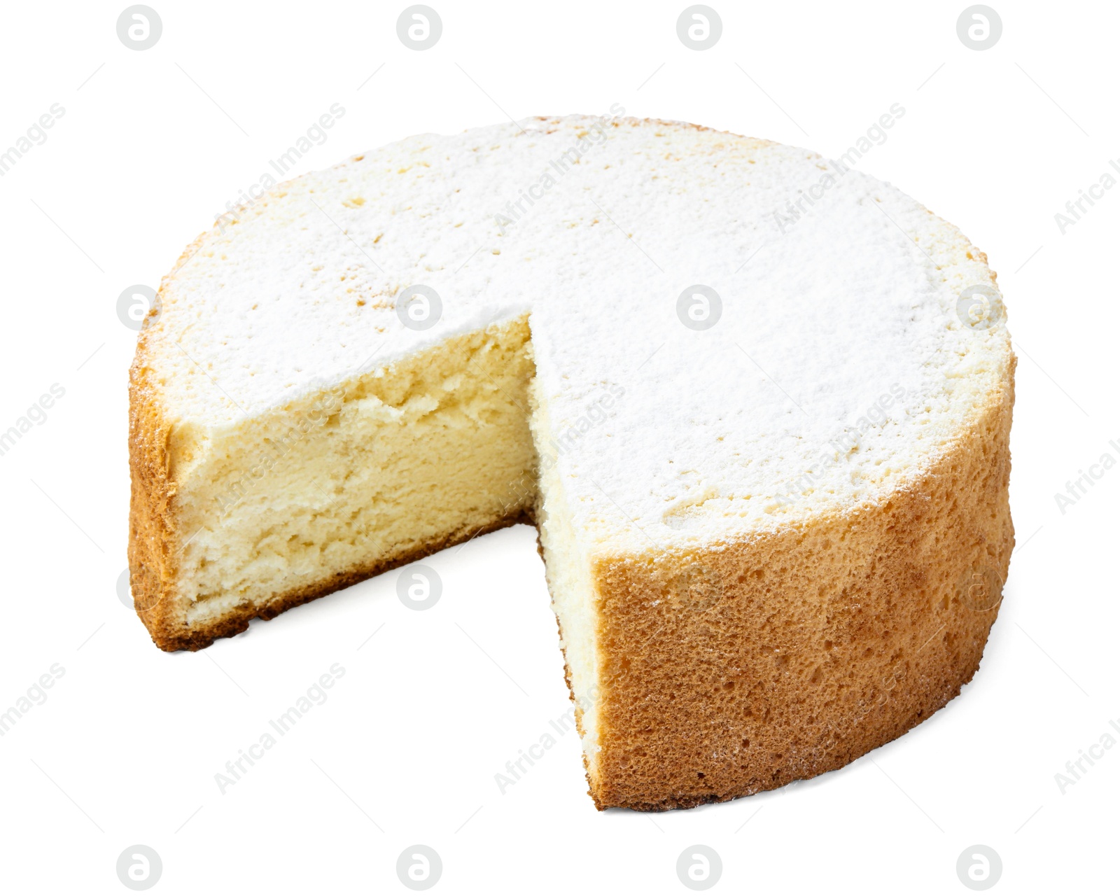 Photo of Delicious cut sponge cake with powdered sugar isolated on white