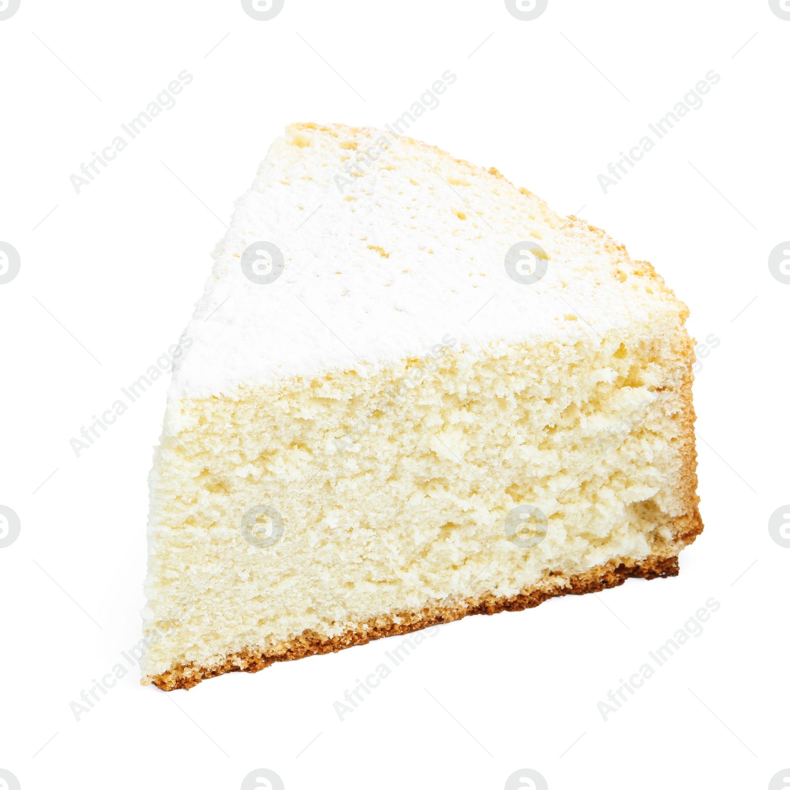 Photo of One piece of delicious sponge cake with powdered sugar isolated on white