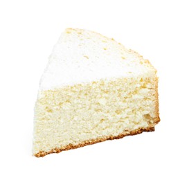 Photo of One piece of delicious sponge cake with powdered sugar isolated on white