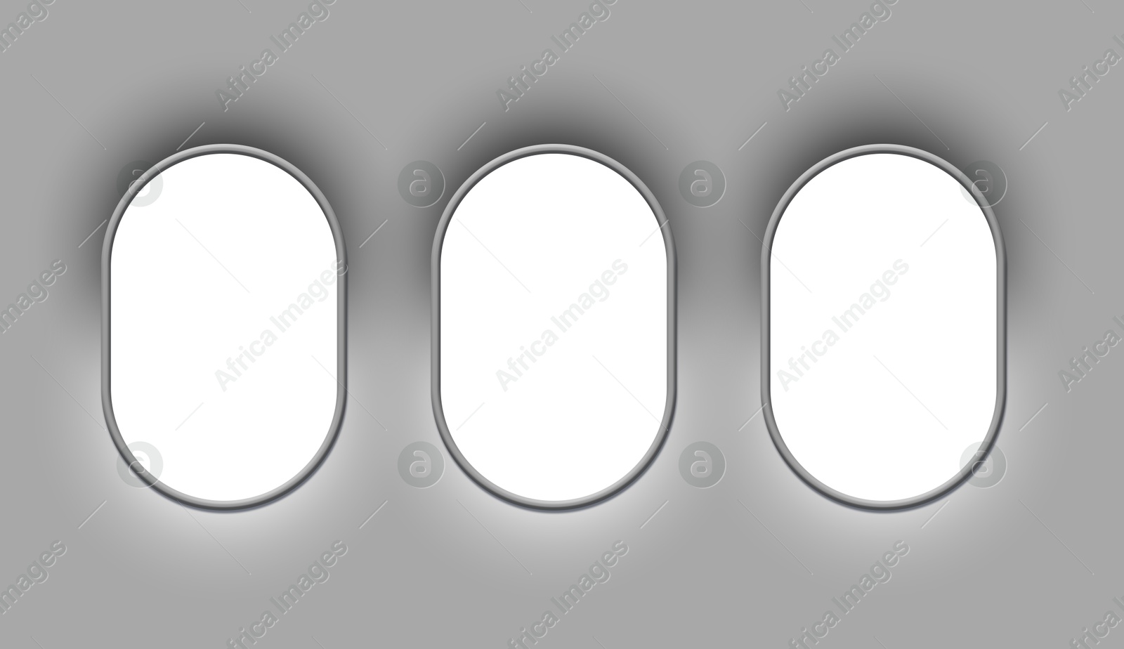 Image of Airplane windows, view from inside cabin with grey sidewall