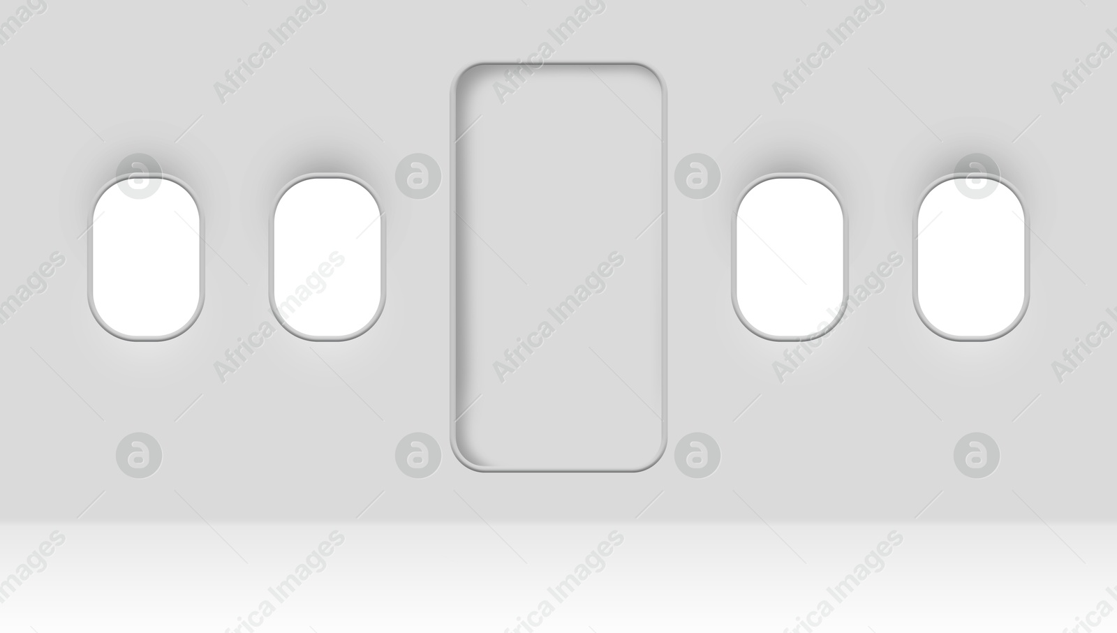 Image of Airplane windows and door, view from inside cabin with white sidewall