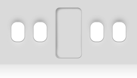 Airplane windows and door, view from inside cabin with white sidewall