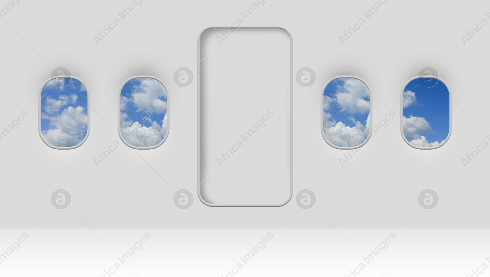 Image of Beautiful sky with clouds, view through airplane windows in white sidewall of cabin