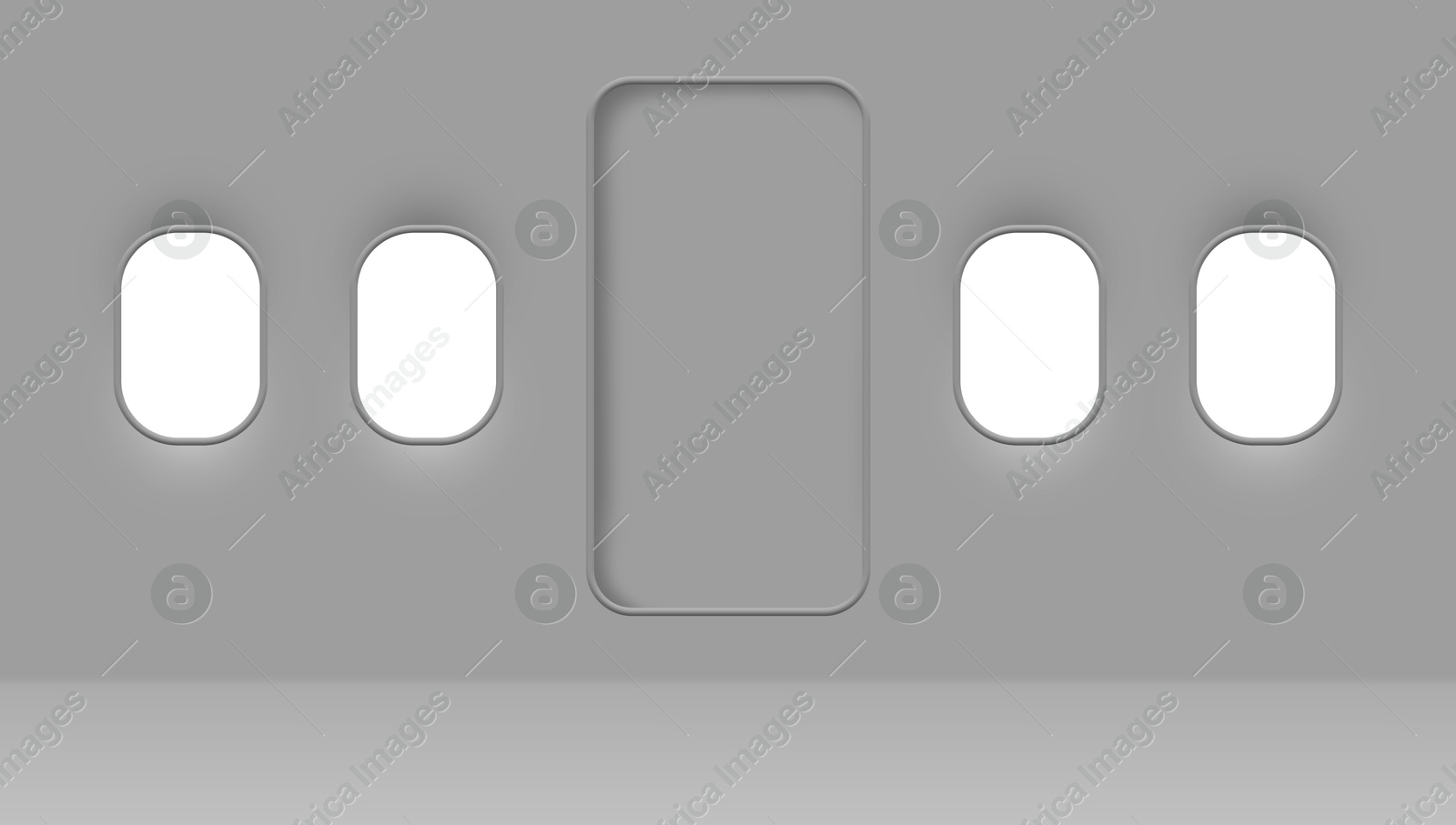 Image of Airplane windows and door, view from inside cabin with grey sidewall