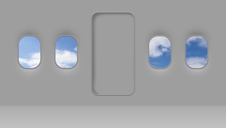 Beautiful sky with clouds, view through airplane windows in grey sidewall of cabin