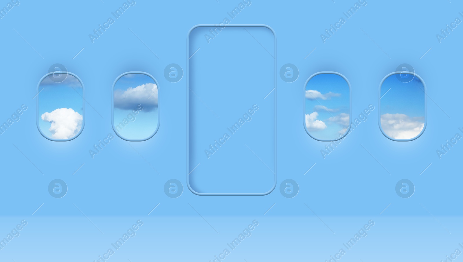 Image of Beautiful sky with clouds, view through airplane windows in light blue sidewall of cabin