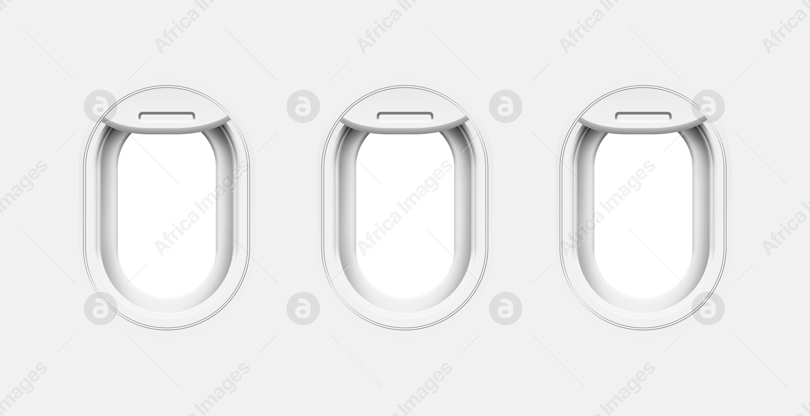 Image of Airplane windows, view from inside cabin with white sidewall