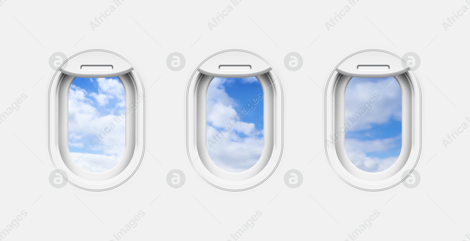 Image of Beautiful sky with clouds, view through airplane windows in white sidewall of cabin