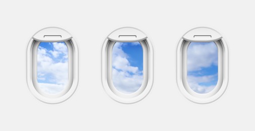 Beautiful sky with clouds, view through airplane windows in white sidewall of cabin