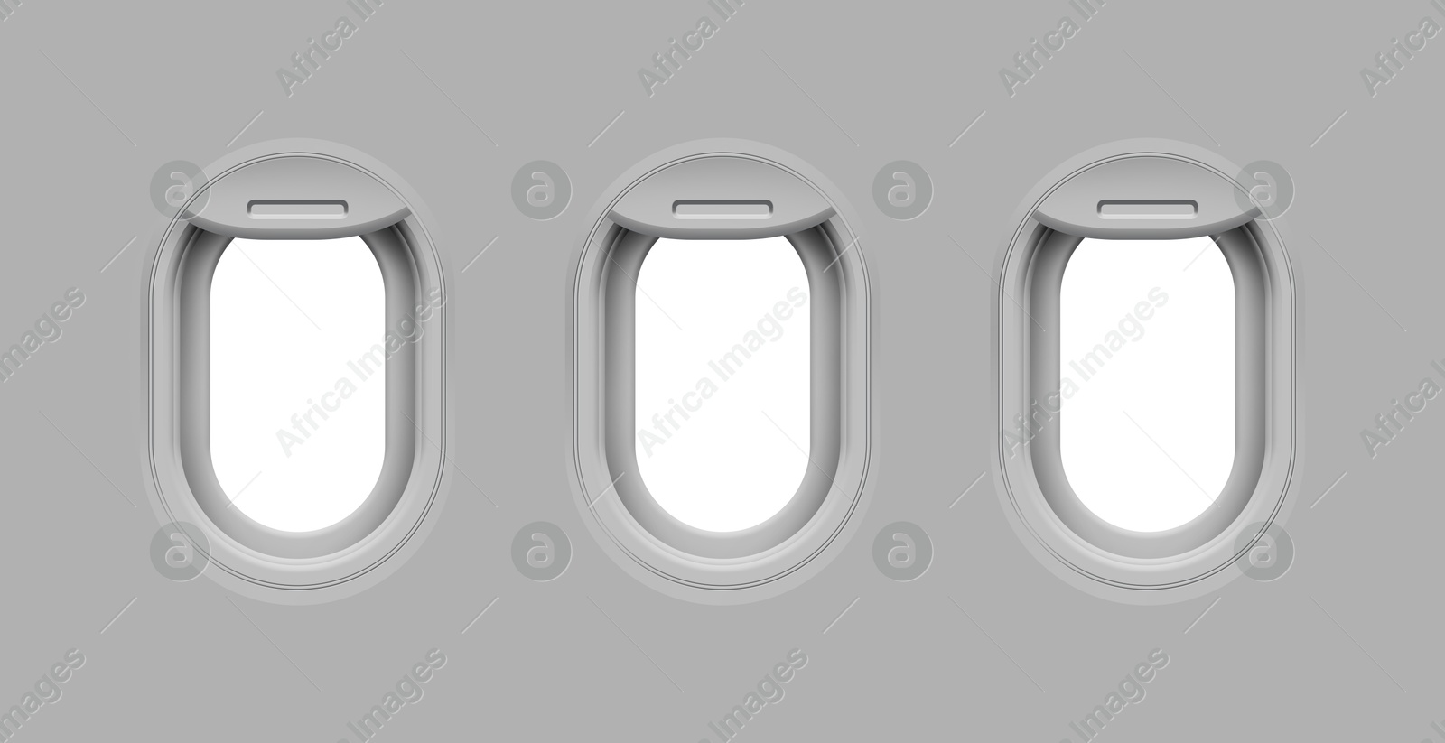 Image of Airplane windows, view from inside cabin with grey sidewall