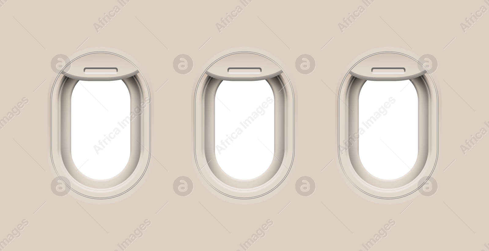 Image of Airplane windows, view from inside cabin with beige sidewall