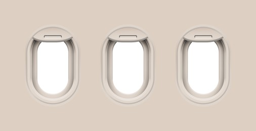 Image of Airplane windows, view from inside cabin with beige sidewall