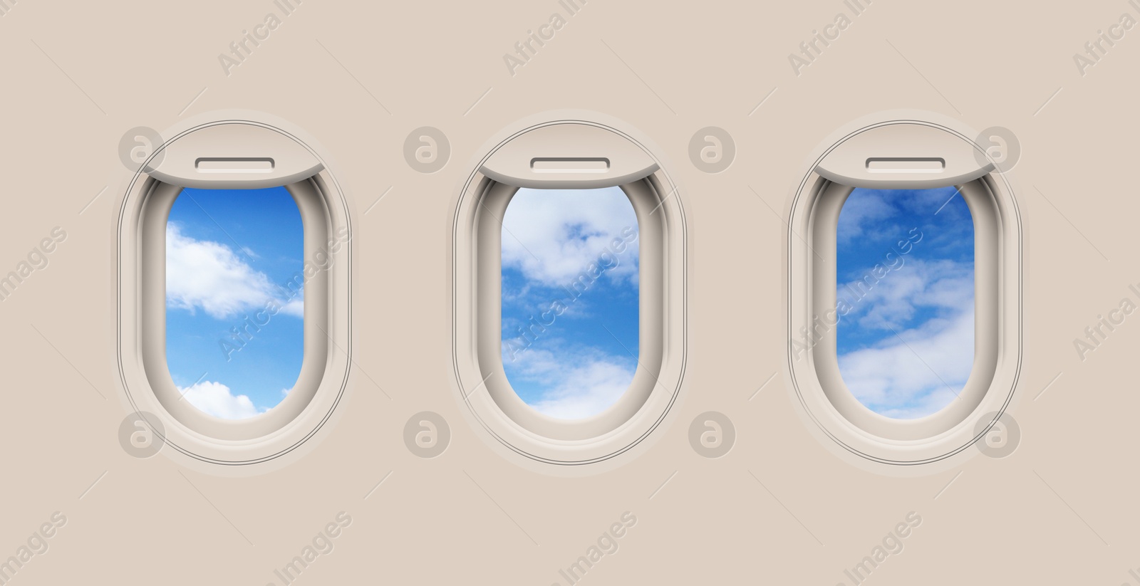 Image of Beautiful sky with clouds, view through airplane windows in beige sidewall of cabin