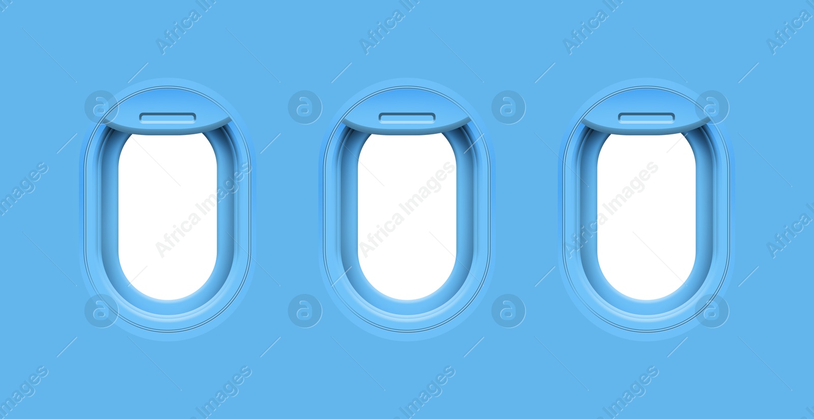 Image of Airplane windows, view from inside cabin with light blue sidewall