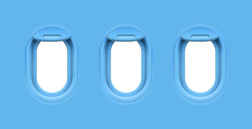 Image of Airplane windows, view from inside cabin with light blue sidewall