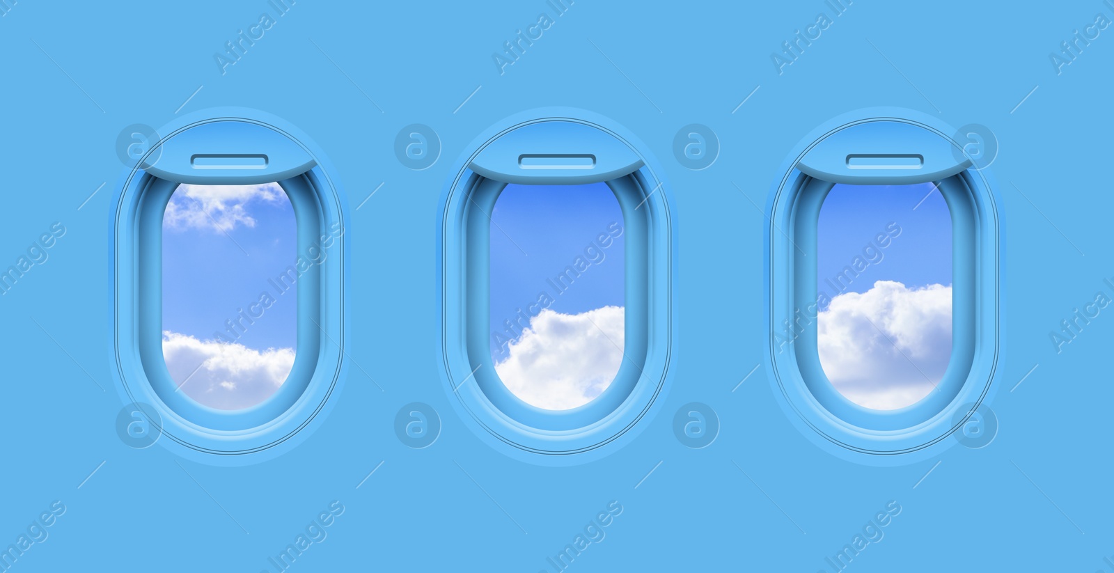 Image of Beautiful sky with clouds, view through airplane windows in light blue sidewall of cabin