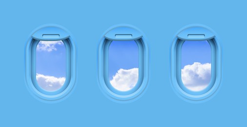 Beautiful sky with clouds, view through airplane windows in light blue sidewall of cabin