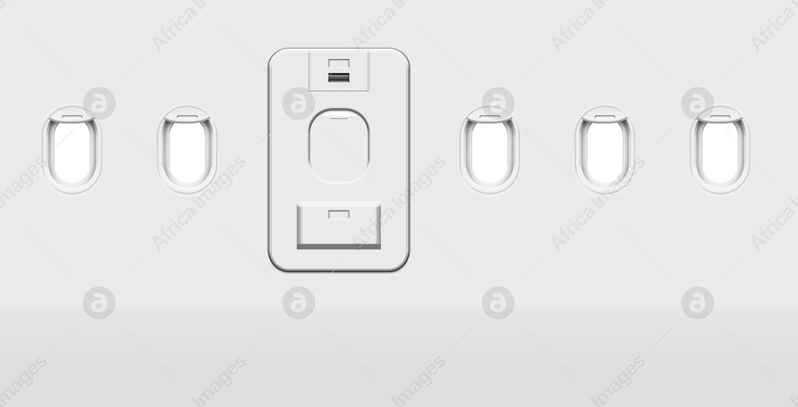 Image of Airplane windows and door, view from inside cabin with white sidewall