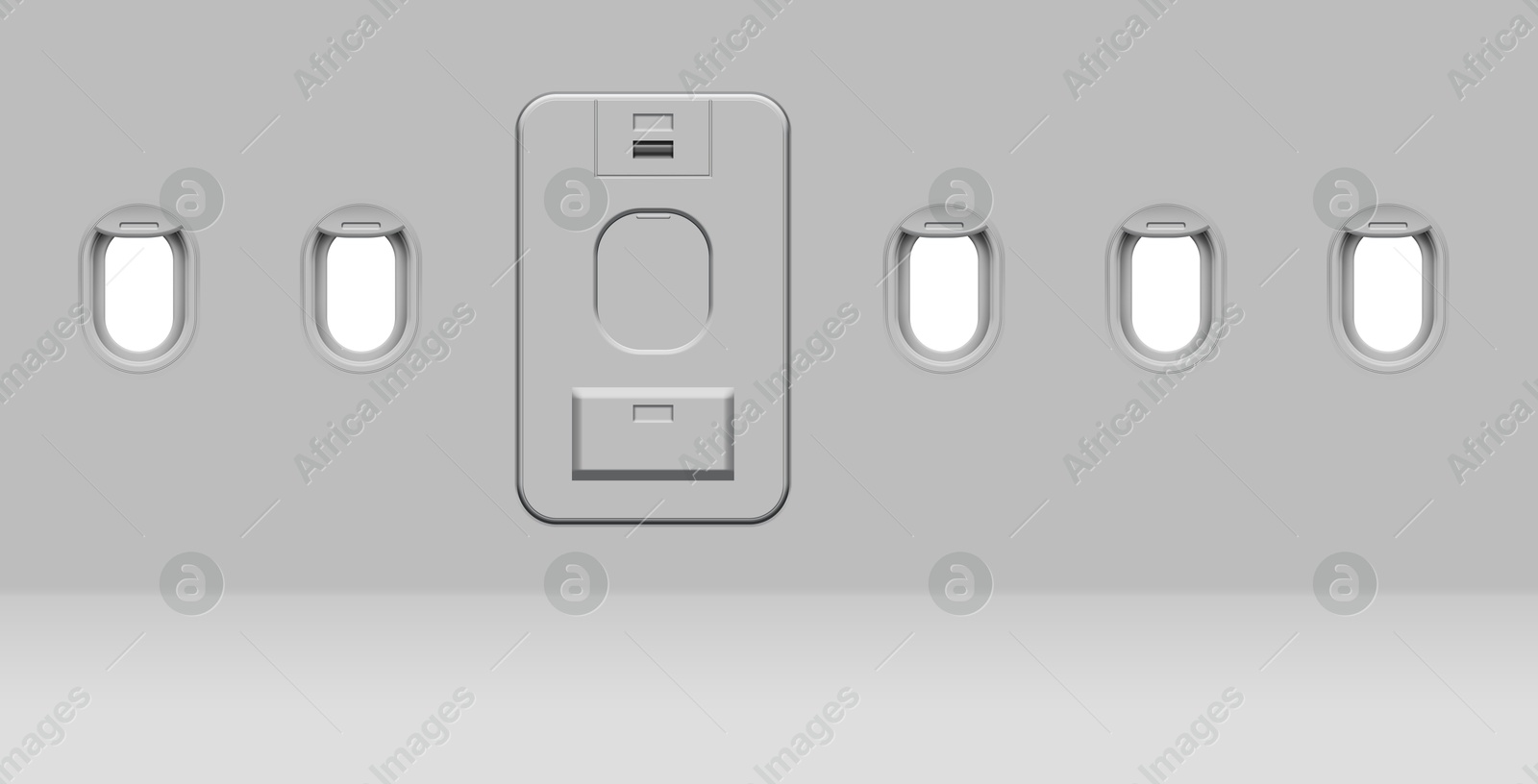 Image of Airplane windows and door, view from inside cabin with grey sidewall