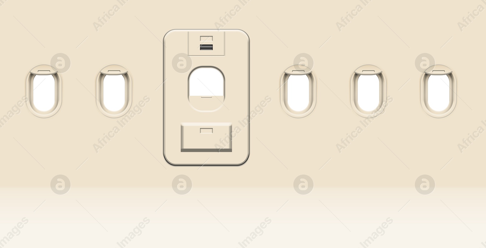 Image of Airplane windows and door, view from inside cabin with beige sidewall