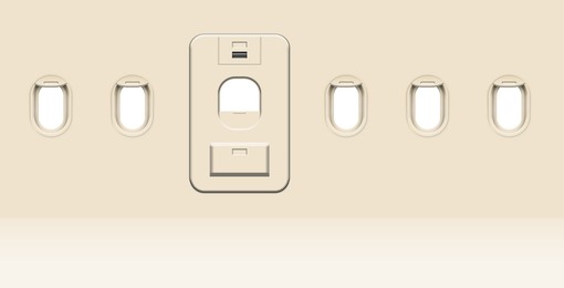 Airplane windows and door, view from inside cabin with beige sidewall