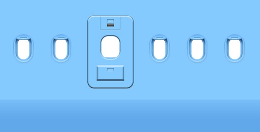 Image of Airplane windows and door, view from inside cabin with light blue sidewall