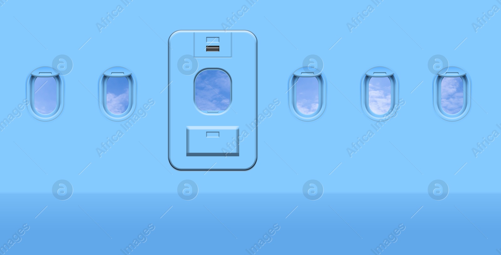 Image of Beautiful sky with clouds, view through airplane windows in light blue sidewall of cabin