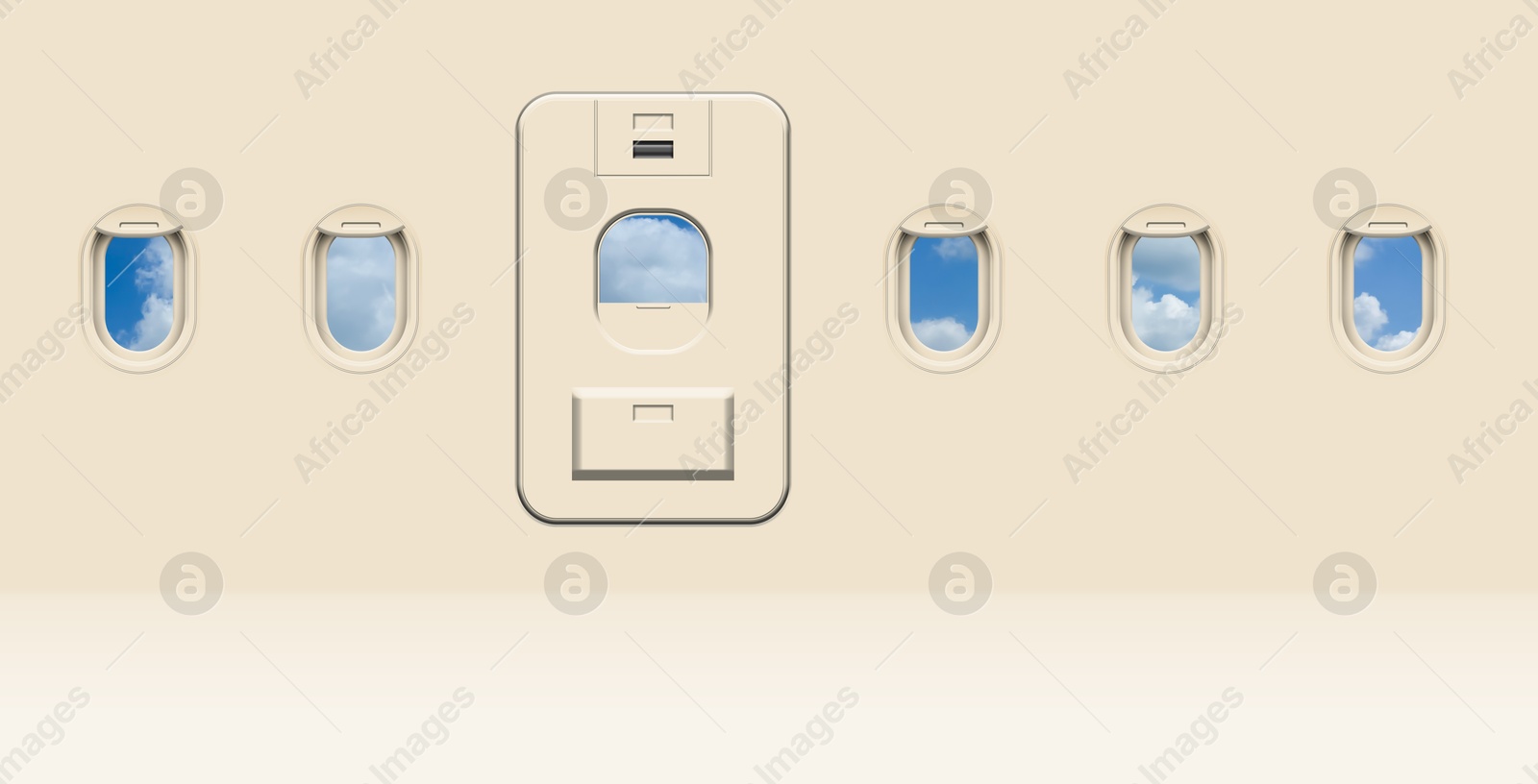 Image of Beautiful sky with clouds, view through airplane windows in beige sidewall of cabin