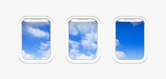 Image of Beautiful sky with clouds, view through airplane windows in white sidewall of cabin