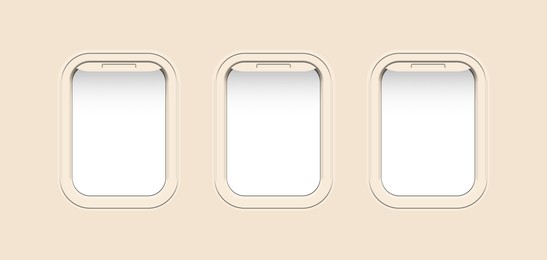 Image of Airplane windows, view from inside cabin with beige sidewall