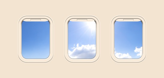 Beautiful sky with clouds and sun, view through airplane windows in beige sidewall of cabin