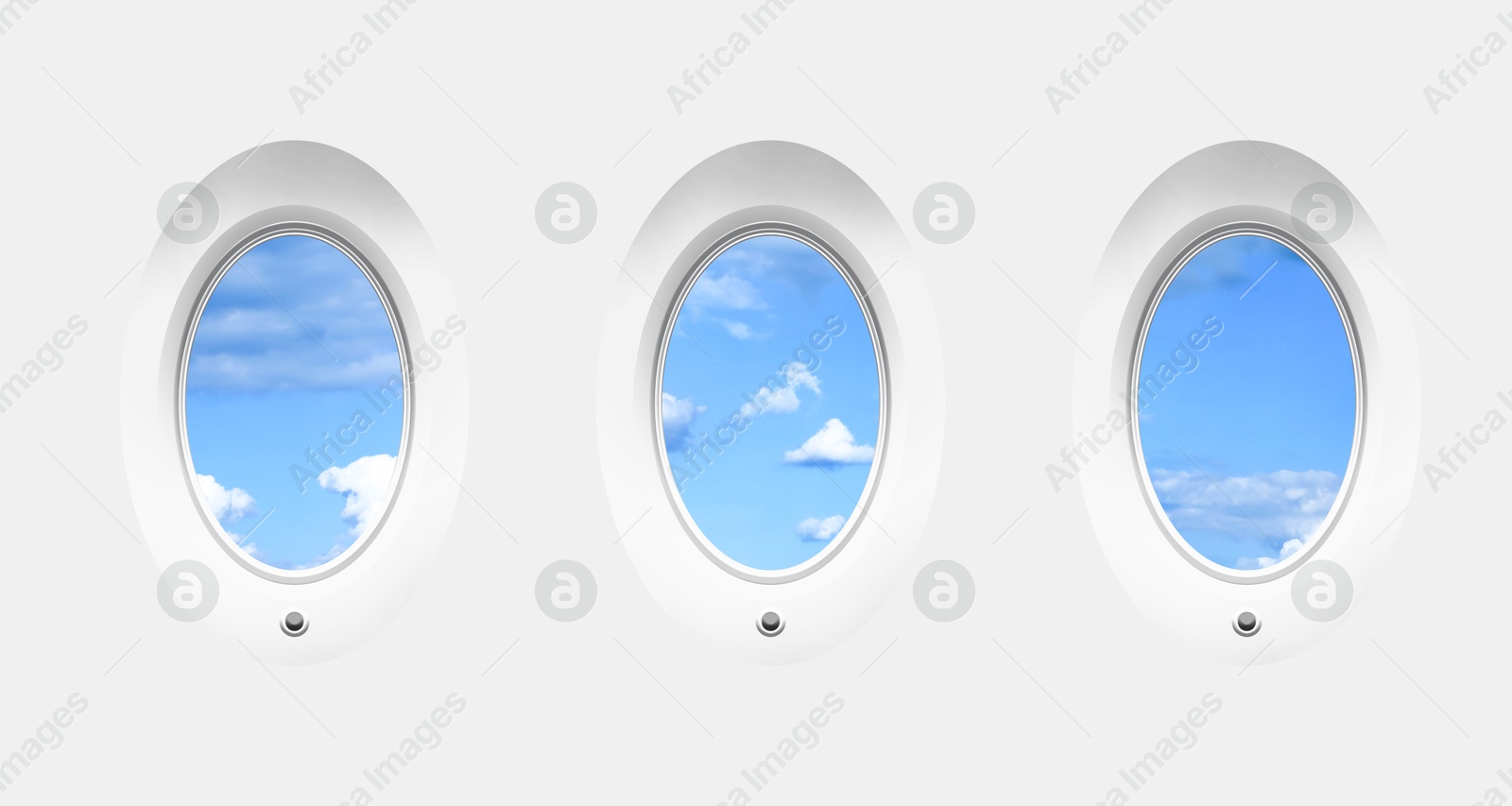 Image of Beautiful sky with clouds, view through airplane windows in white sidewall of cabin