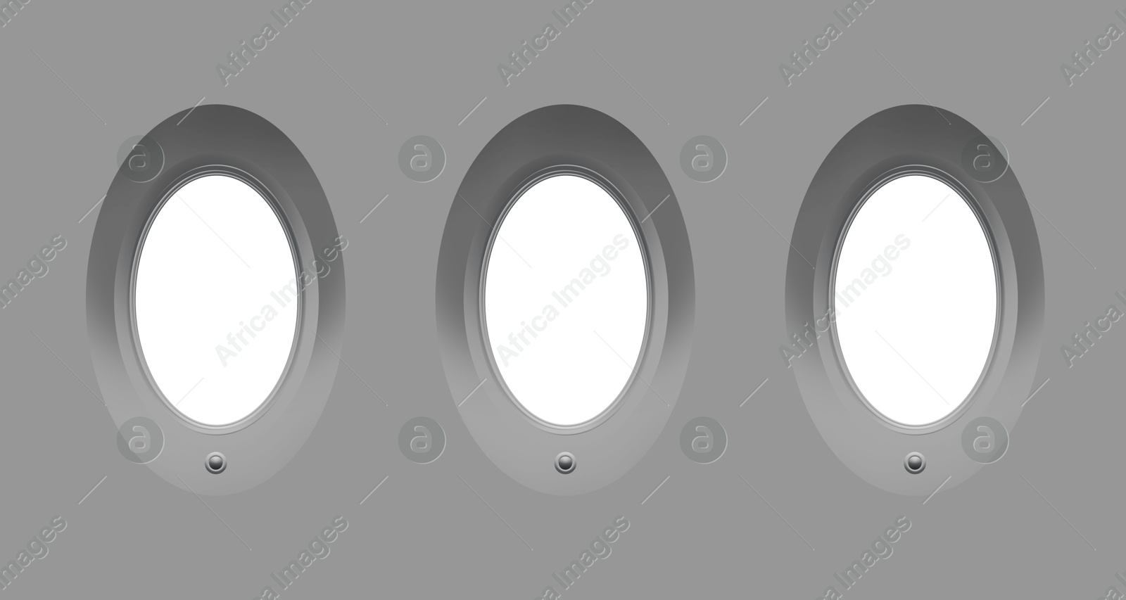 Image of Airplane windows, view from inside cabin with grey sidewall