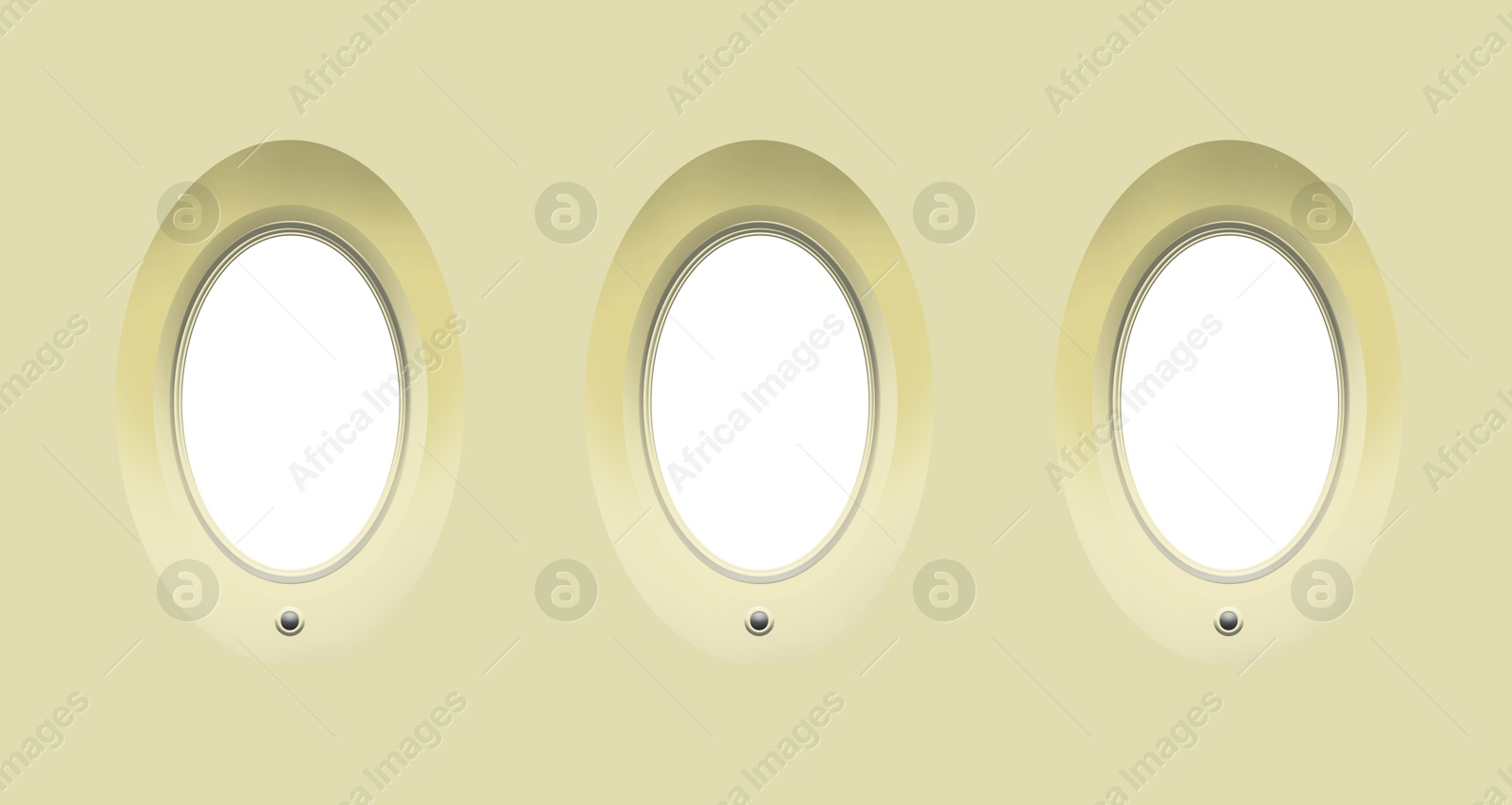 Image of Airplane windows, view from inside cabin with beige sidewall