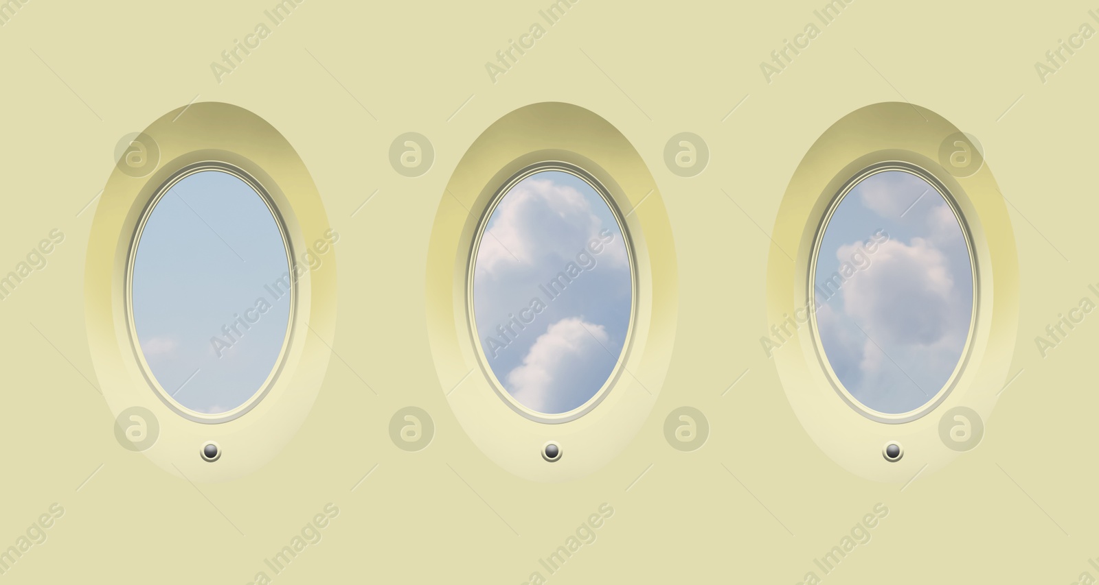 Image of Beautiful sky with clouds, view through airplane windows in beige sidewall of cabin