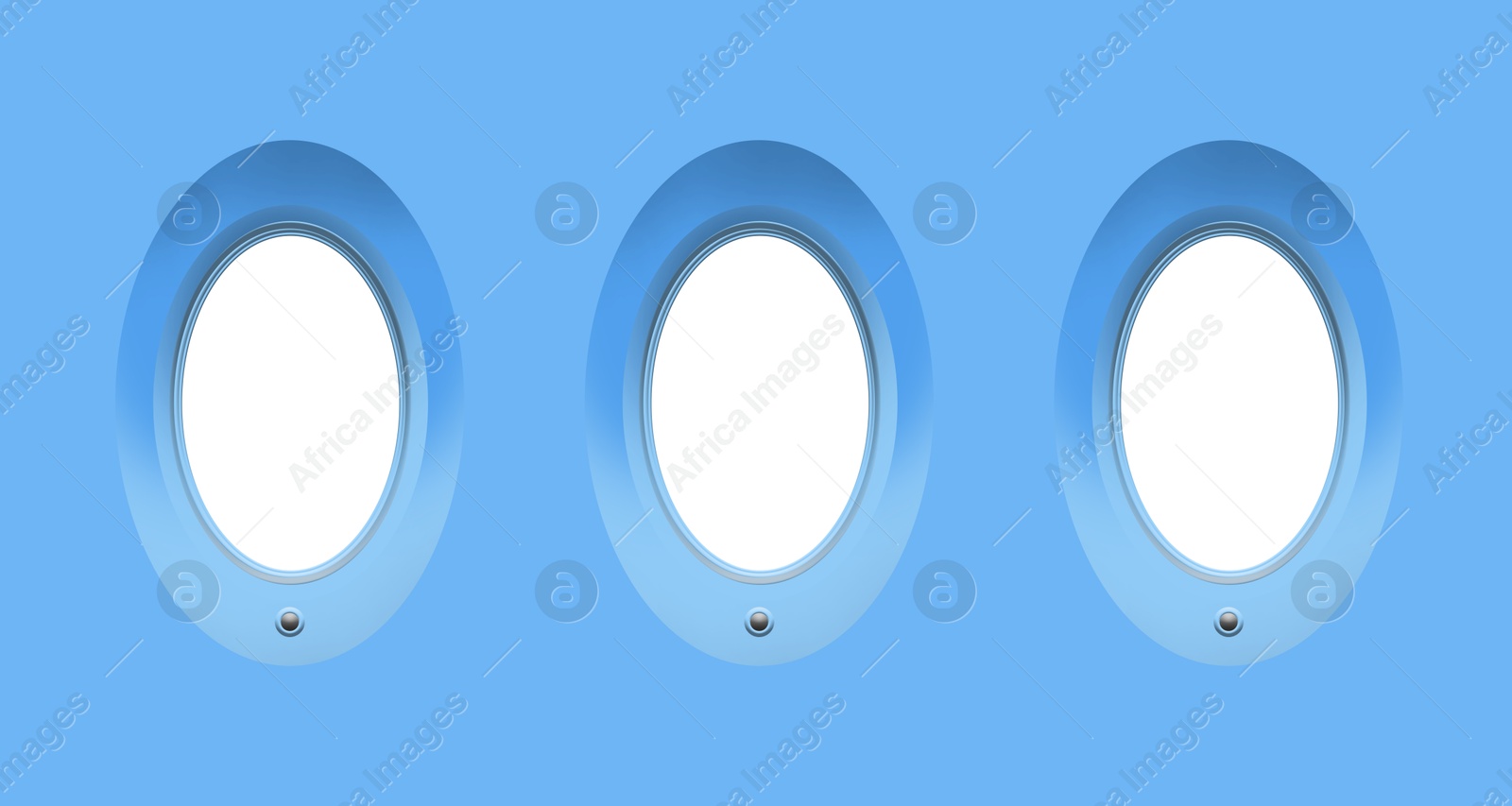 Image of Airplane windows, view from inside cabin with light blue sidewall