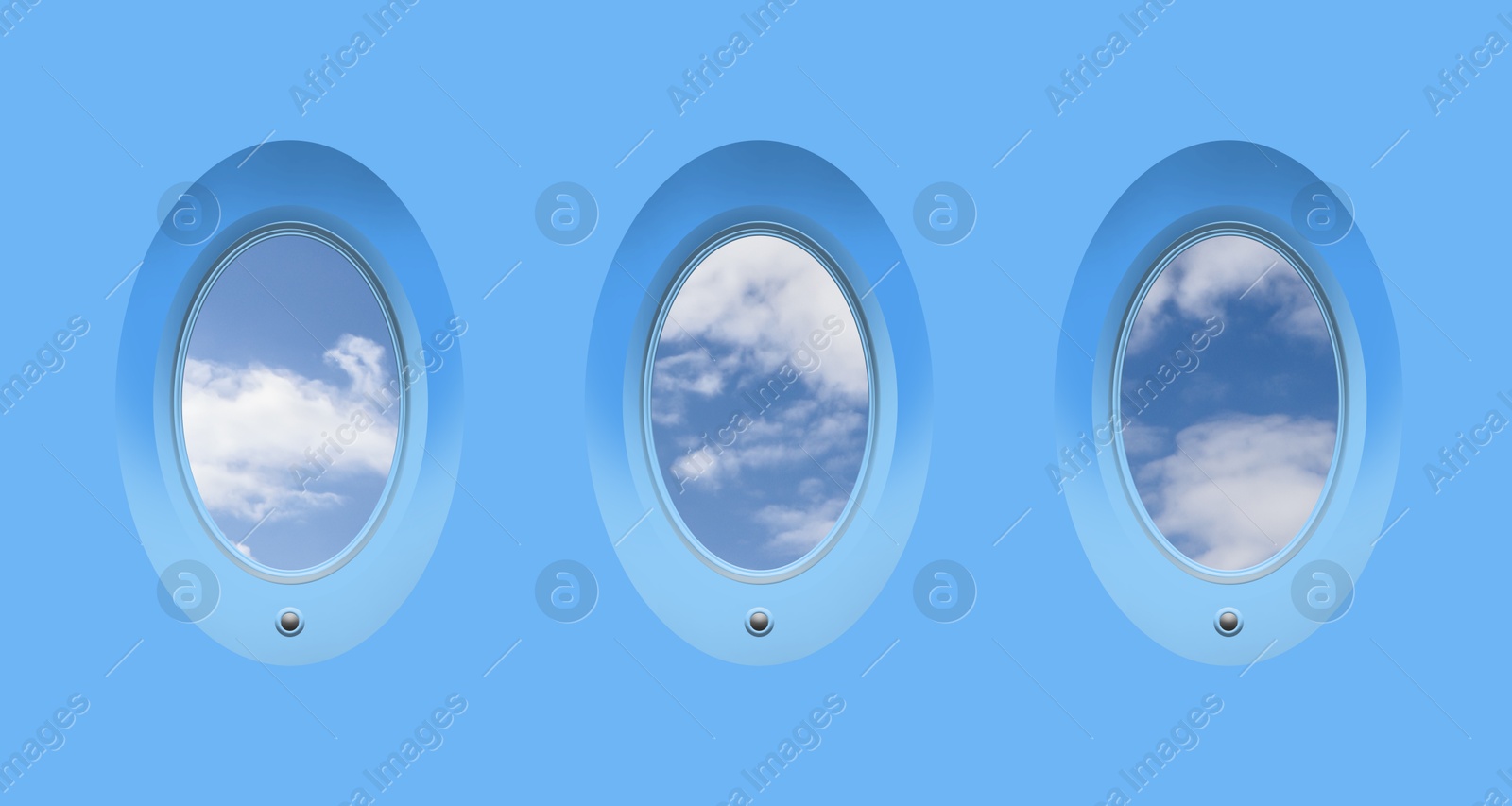 Image of Beautiful sky with clouds, view through airplane windows in light blue sidewall of cabin