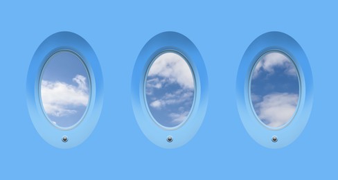 Beautiful sky with clouds, view through airplane windows in light blue sidewall of cabin