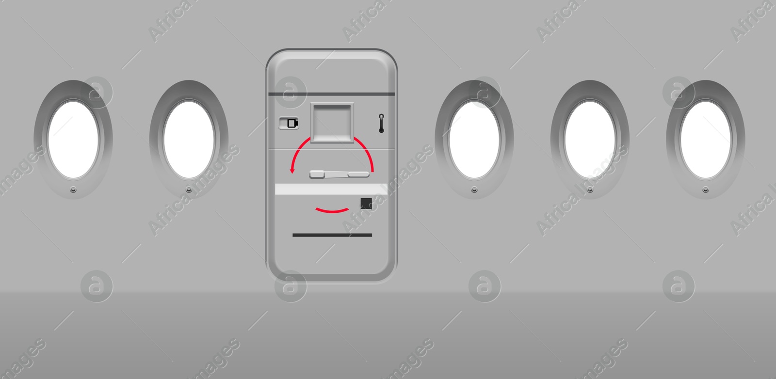 Image of Airplane windows and door, view from inside cabin with grey sidewall