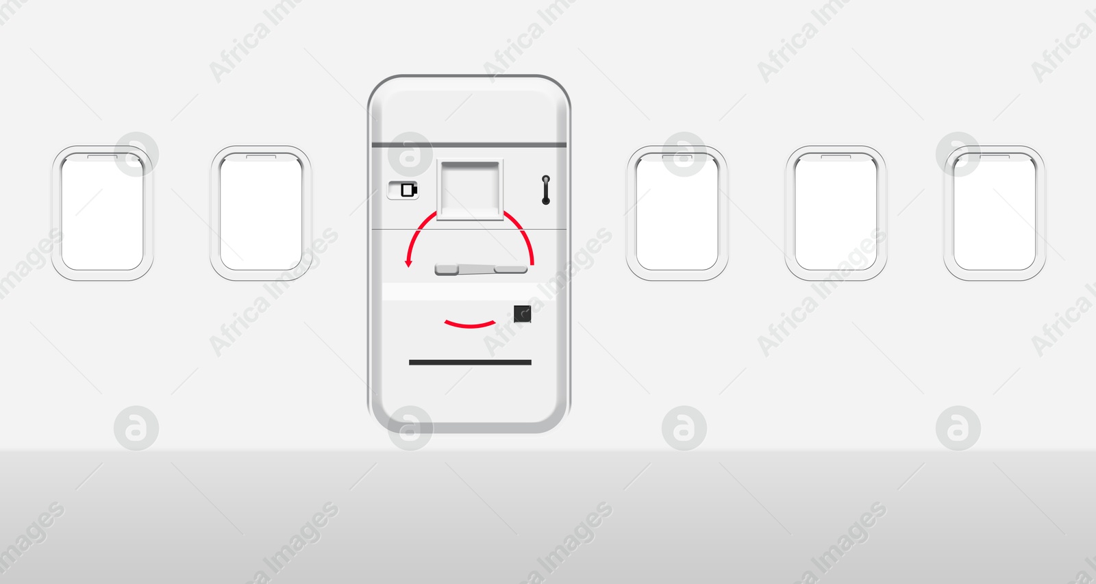 Image of Airplane windows and door, view from inside cabin with white sidewall