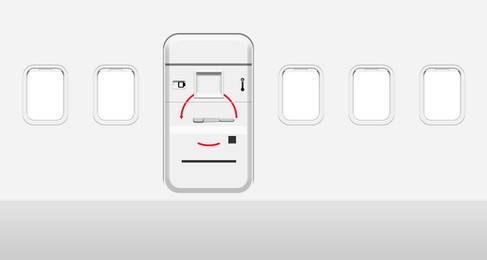 Image of Airplane windows and door, view from inside cabin with white sidewall