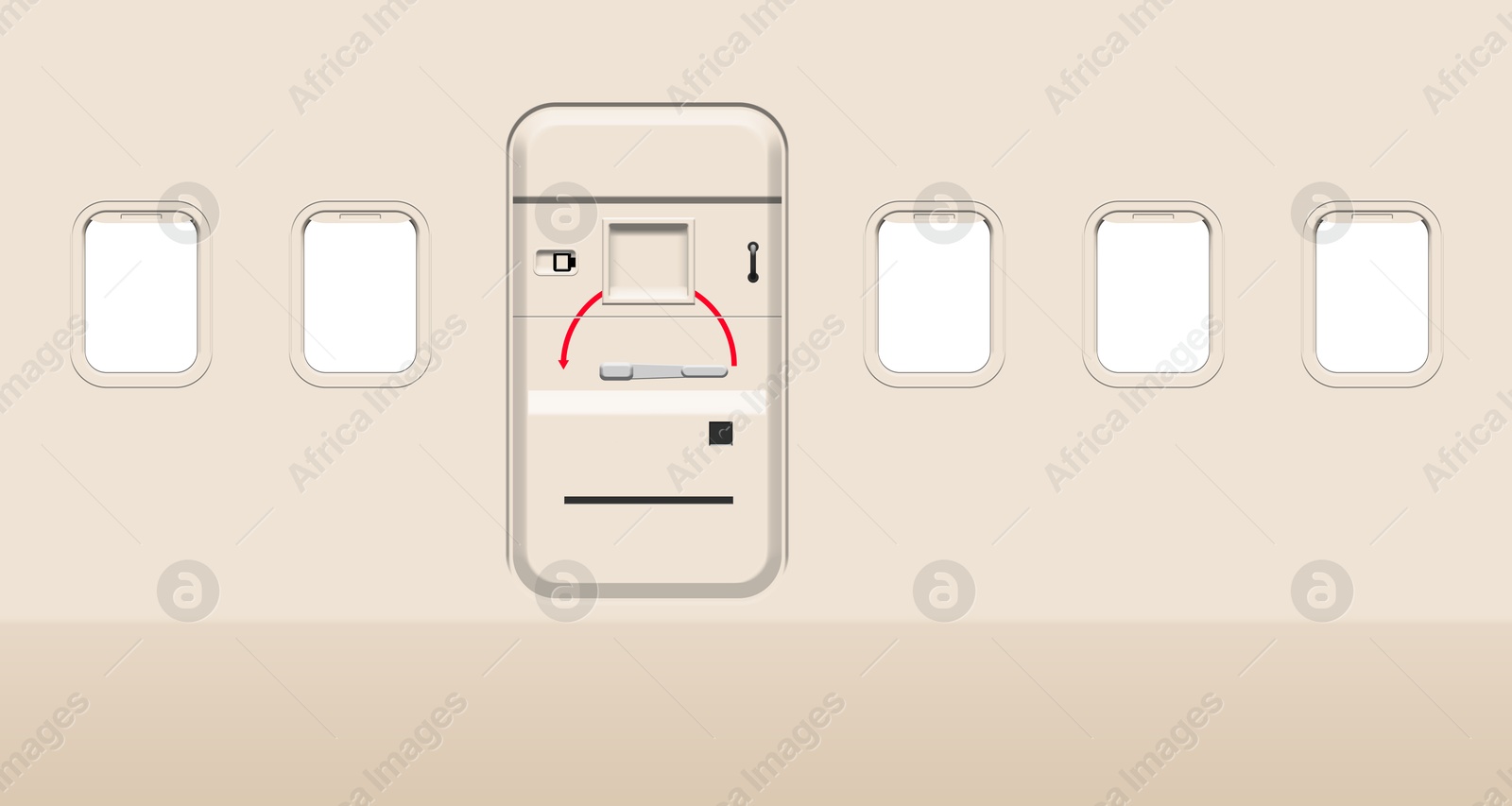 Image of Airplane windows and door, view from inside cabin with beige sidewall