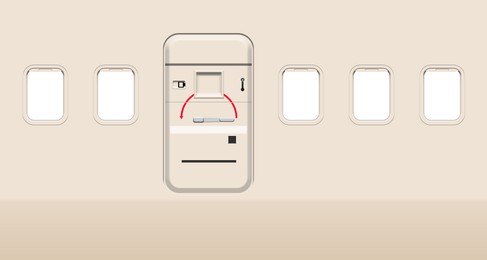 Image of Airplane windows and door, view from inside cabin with beige sidewall