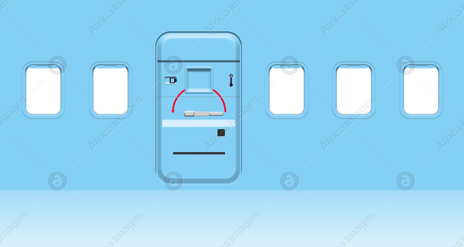 Image of Airplane windows and door, view from inside cabin with light blue sidewall