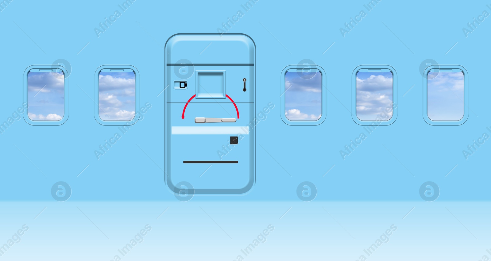 Image of Beautiful sky with clouds, view through airplane windows in light blue sidewall of cabin