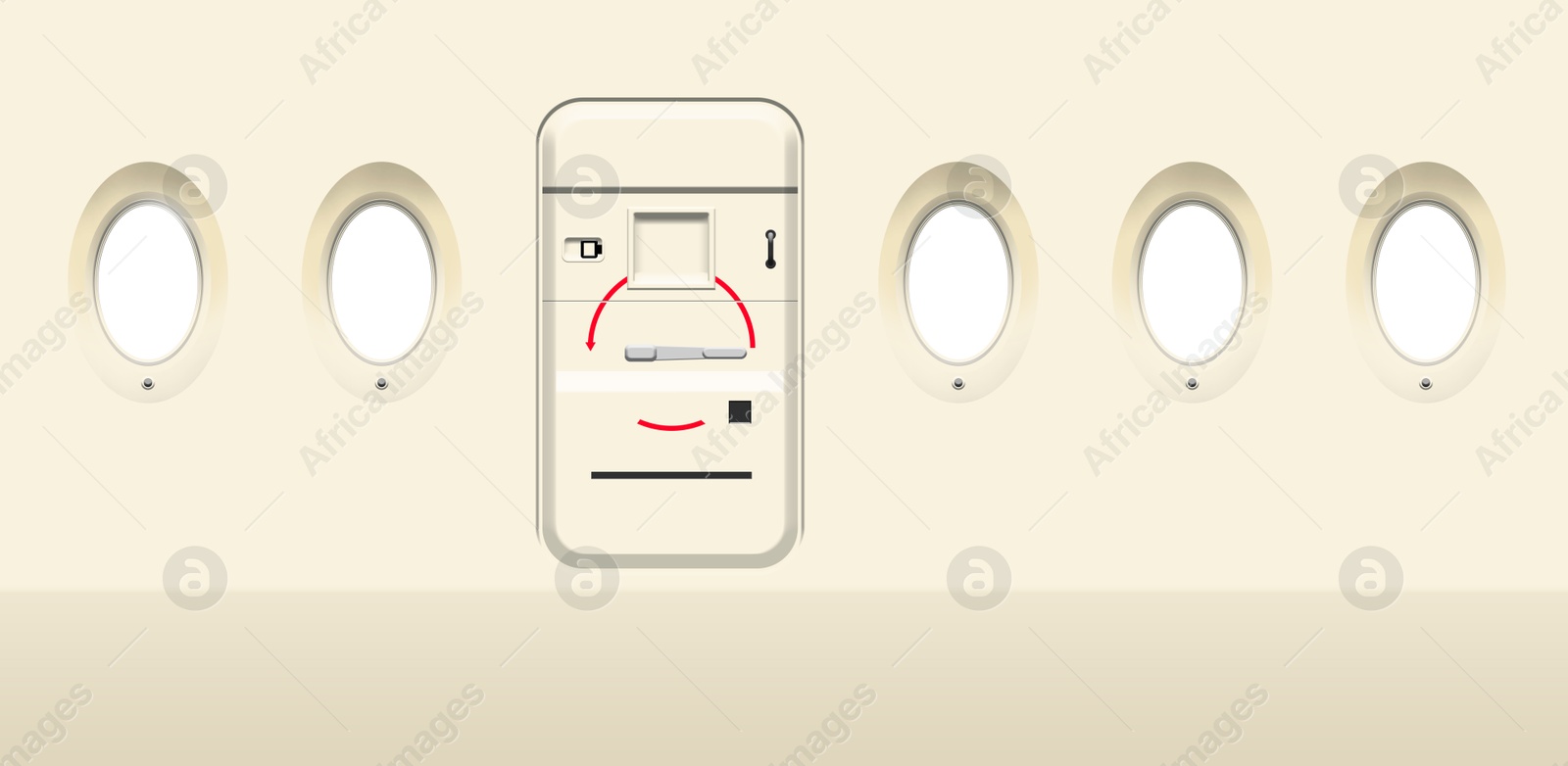 Image of Airplane windows and door, view from inside cabin with beige sidewall