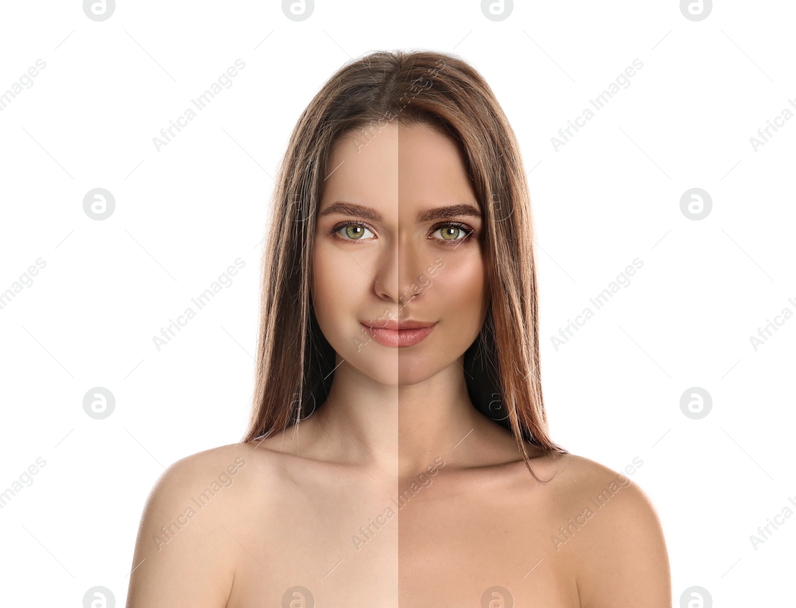 Image of Collage with photos of beautiful young woman before and after solarium tanning on white background