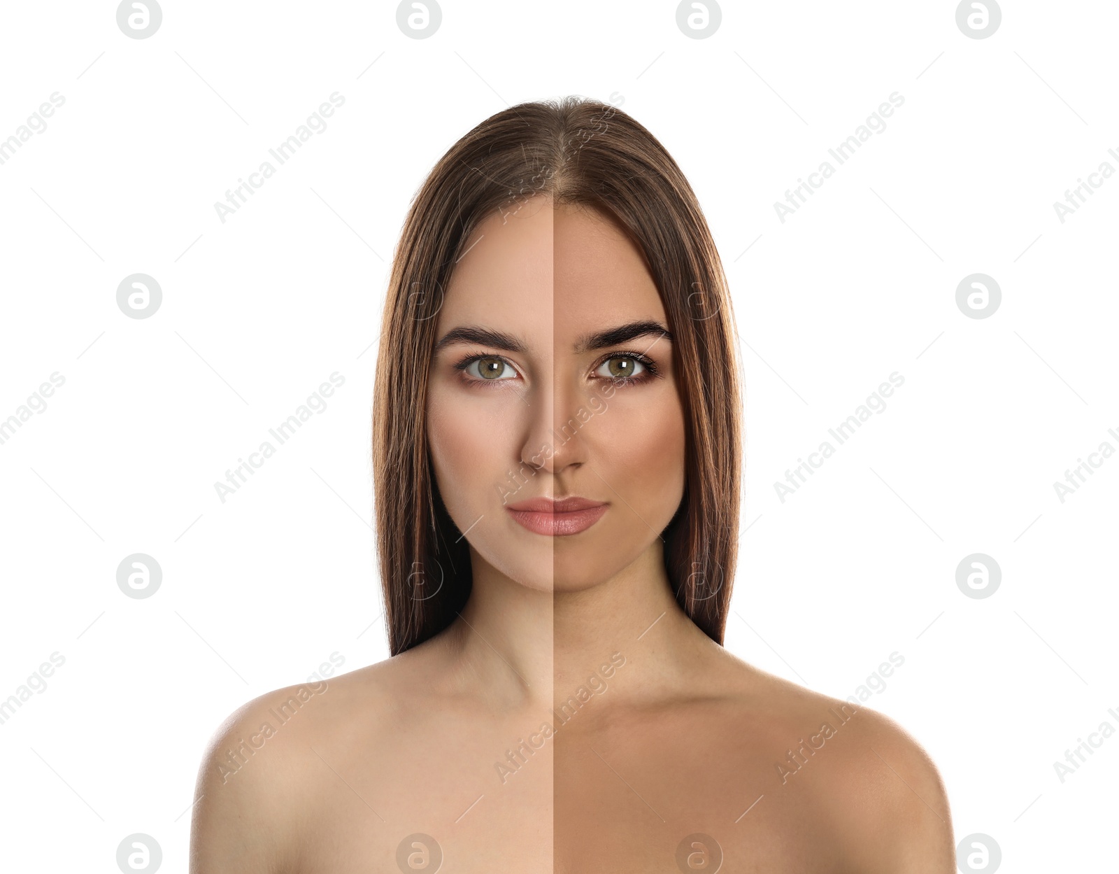 Image of Collage with photos of beautiful young woman before and after solarium tanning on white background